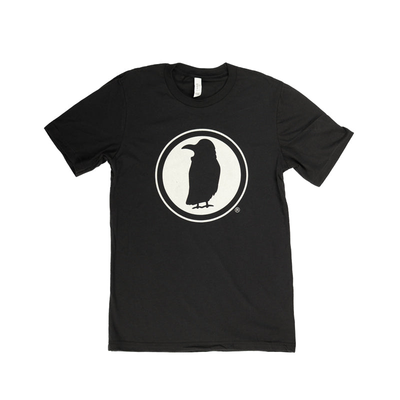Black tee shirt with a white Rook Coffee bird logo in the center.