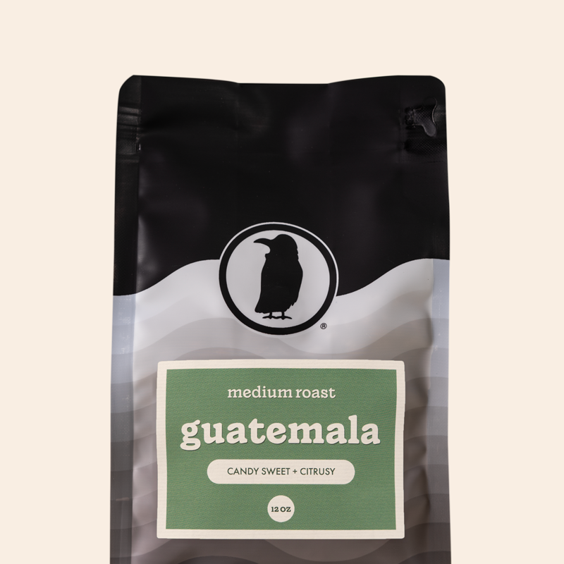Packaging of a 12-ounce bag of medium roast coffee labeled 'Guatemala, Candy Sweet + Citrusy,' featuring the Rook Coffee logo at the top. 