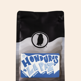 Bag of Rook Coffee’s Honduras La Paz medium roast with a blue and white label featuring bold lettering and tasting notes of milk chocolate, almond, and honeydew.