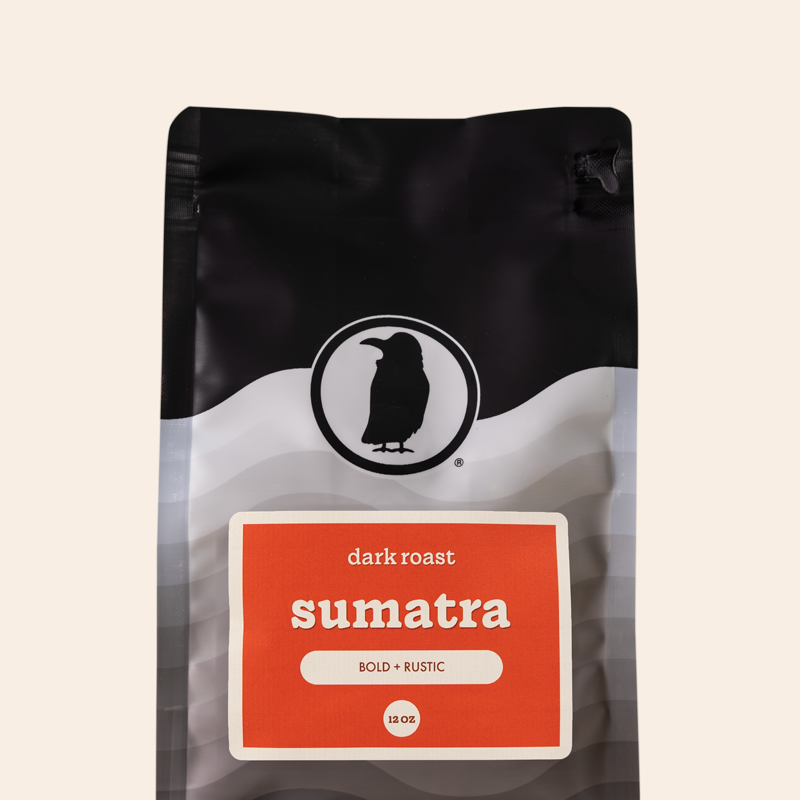 Packaging of a 12-ounce bag of dark roast coffee labeled 'Sumatra, Bold + Rustic,' featuring the Rook Coffee logo at the top.