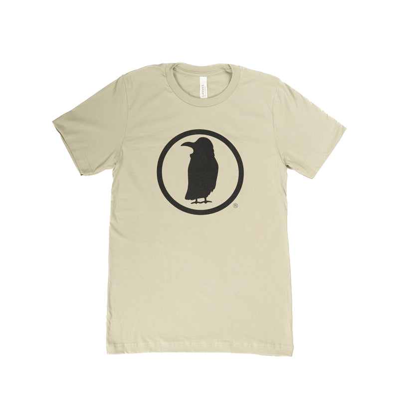 Cream colored tee shirt with black Rook Coffee bird logo in the center.