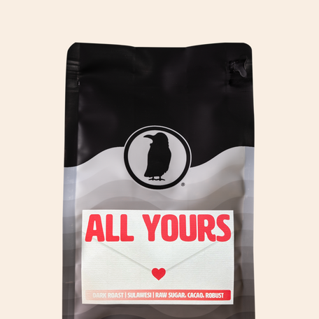 Rook Coffee All Yours dark roast coffee bag labeled Sulawesi with tasting notes of raw sugar and cacao.