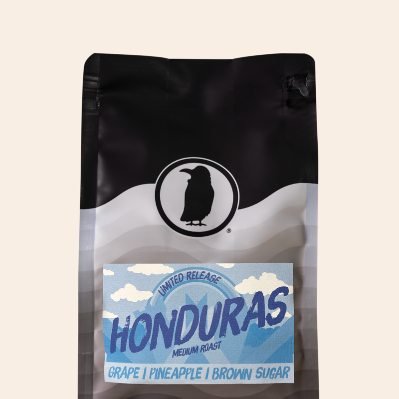 Bag of Rook Coffee Honduras medium roast coffee featuring the Rook Coffee logo and a blue label with mountains and white clouds. The label lists tasting notes of grape, pineapple, and brown sugar. Product shown against a transparent background.