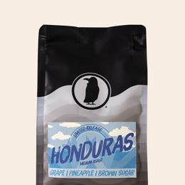 Bag of Rook Coffee Honduras medium roast coffee featuring the Rook Coffee logo and a blue label with mountains and white clouds. The label lists tasting notes of grape, pineapple, and brown sugar. Product shown against a transparent background.