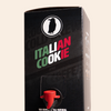 Black 100 brew box with 'Italian Cookie Style' text and a red tap dispenser on a beige background.