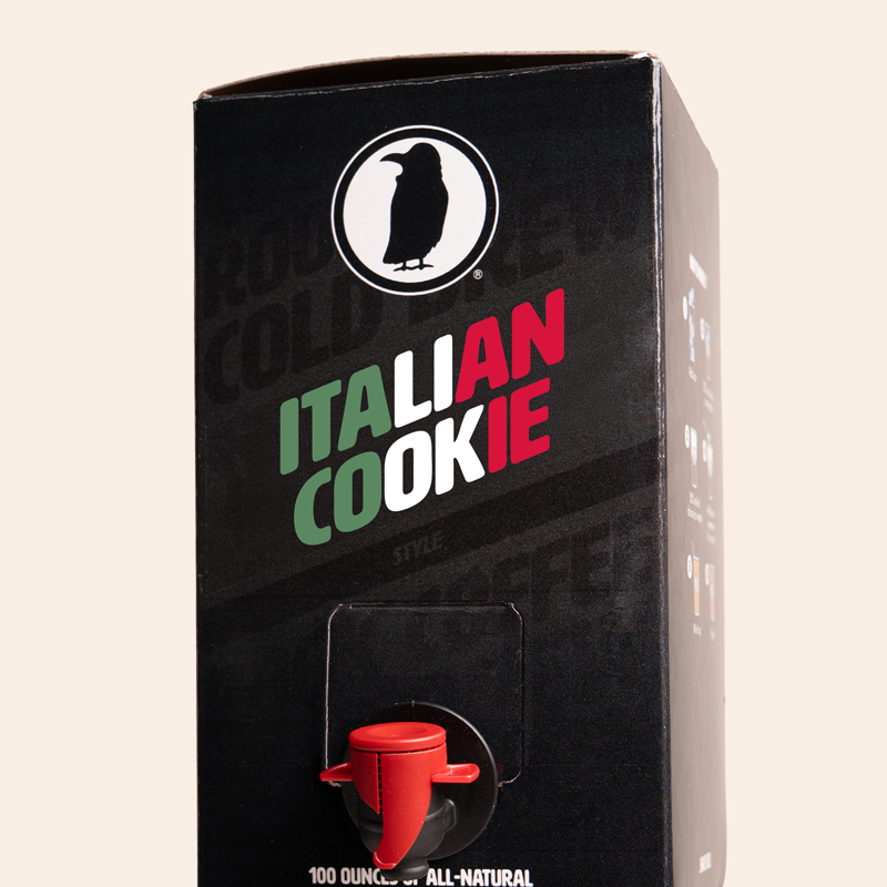 Black 100 brew box with 'Italian Cookie Style' text and a red tap dispenser on a beige background.