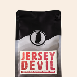 Bag of Rook Coffee Jersey Devil, medium roast, Brazil, with tasting notes of peanut butter, green apple, and caramel. Black and gray bag with Rook penguin logo.