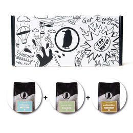 Rook-branded gift box with three bags of Rook Coffee below.