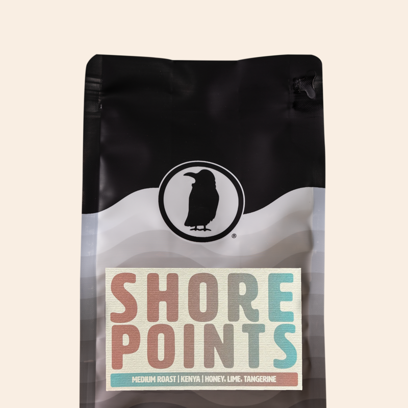 Rook Coffee Shore Points medium roast coffee bag with notes of honey, lime, and tangerine.