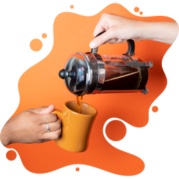 Hand pouring coffee from a French press into an orange mug held by another hand, set against a vibrant orange background with abstract shapes.