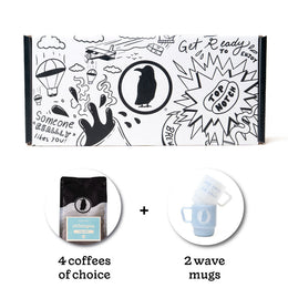 Rook-branded gift box with a bag of Rook Coffee and two branded mugs below. Text reads "4 coffees of choice" + "2 wave mugs".
