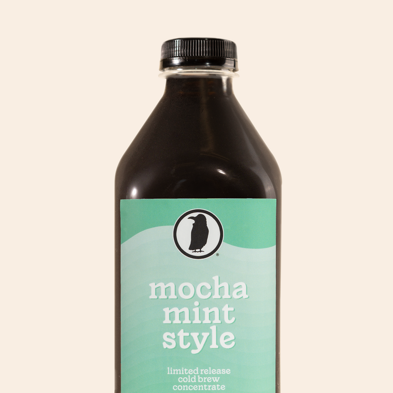 Plastic bottle packaging of 32oz cold brew concentrate labeled 'Mocha Mint Style - Limited Release Cold Brew Concentrate.'