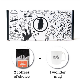 Rook-branded gift box with a bag of Rook Coffee and one branded mug below. Text reads "2 coffees of choice" + "1 wonder mug".
