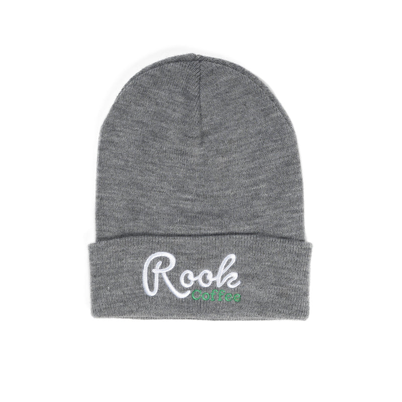 A gray beanie with 'Rook Coffee' in white and green script embroidery.