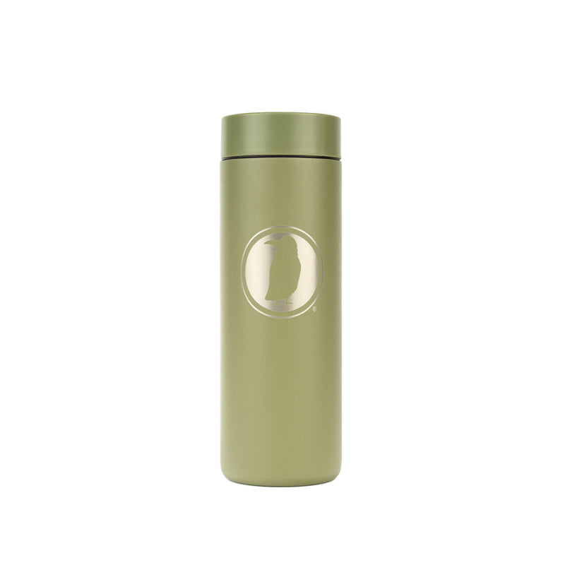 A tall green colored tumbler with a silver etched Rook logo