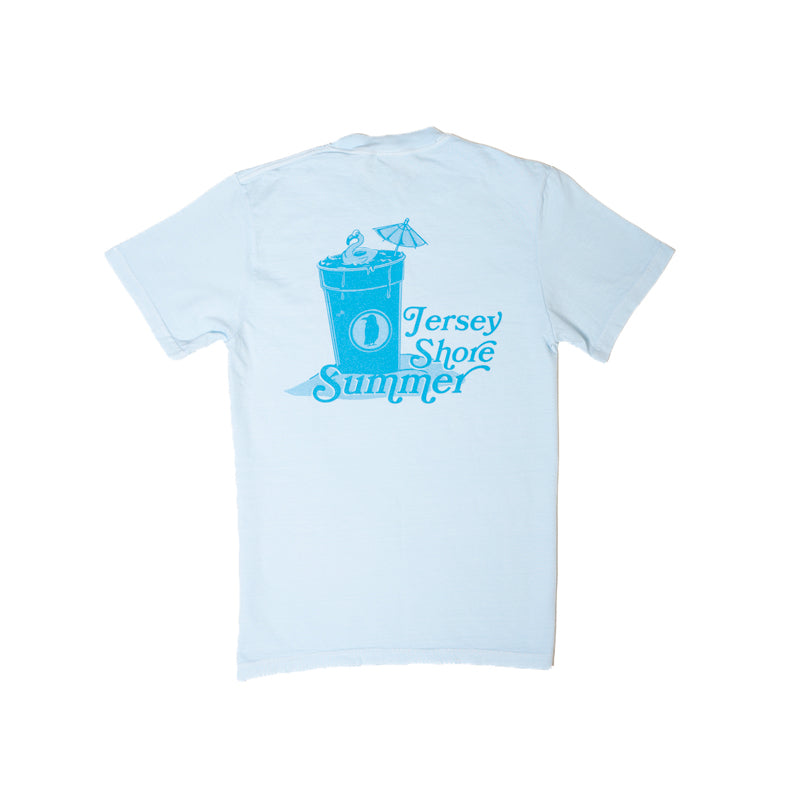 Light blue t-shirt with 'Jersey Shore Summer' design on a white background