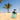 A bottle of Mocha Mint Style sits in the sand on a beach, with a palm tree and blue sky in the background.