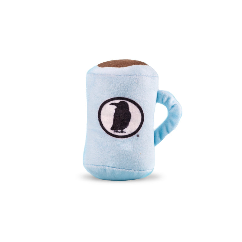 A plush cat toy of a blue coffee mug with the Rook Coffee logo