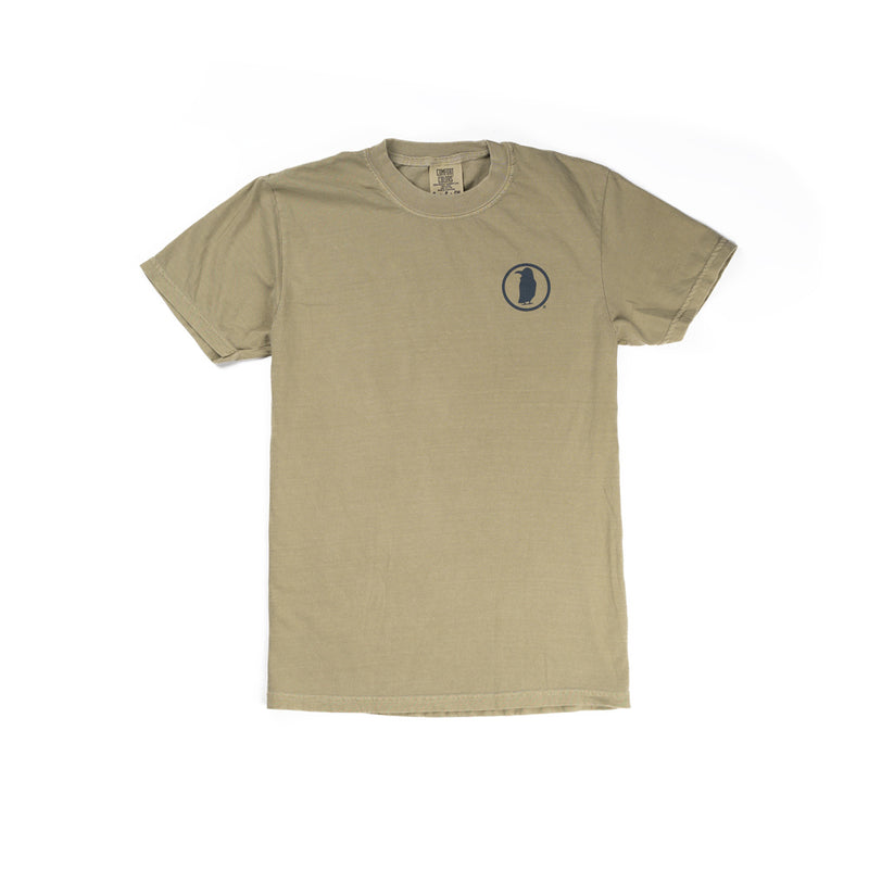 A tan tee shirt with a dark gray Rook Coffee logo on the breast