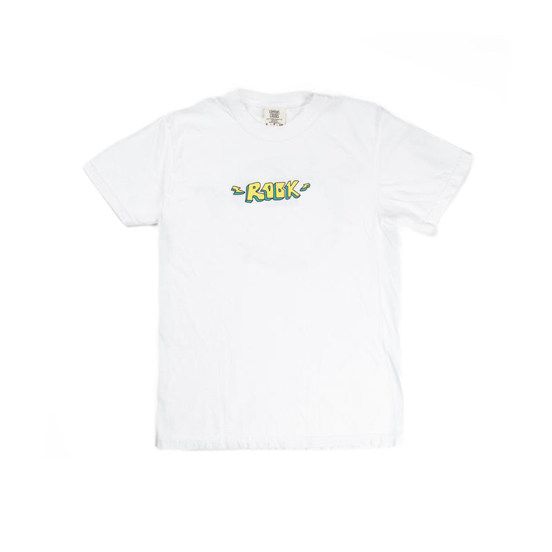 A white tee shirt with 'Rook' in yellow and blue bubble letters, yellow and blue lightning bolts on each side of the text.